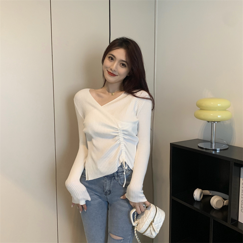 Drawstring sweater bottoming shirt for women