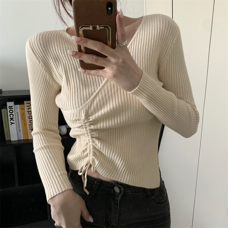 Drawstring sweater bottoming shirt for women