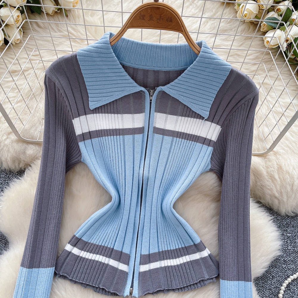 Slim retro lapel sweater Korean style zip stripe bottoming shirt