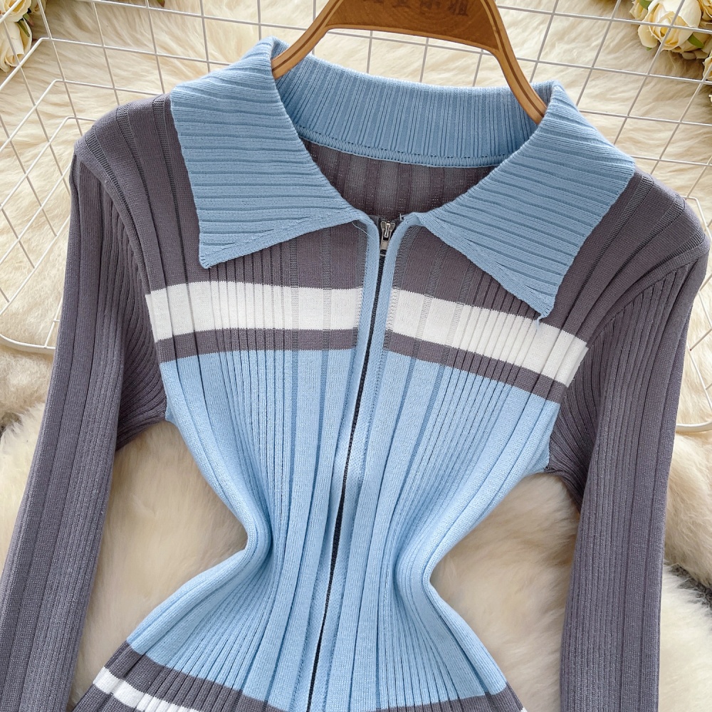 Slim retro lapel sweater Korean style zip stripe bottoming shirt