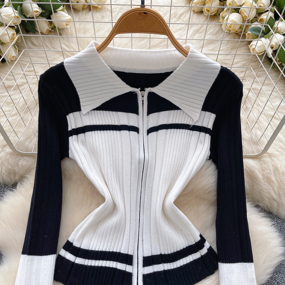 Slim retro lapel sweater Korean style zip stripe bottoming shirt