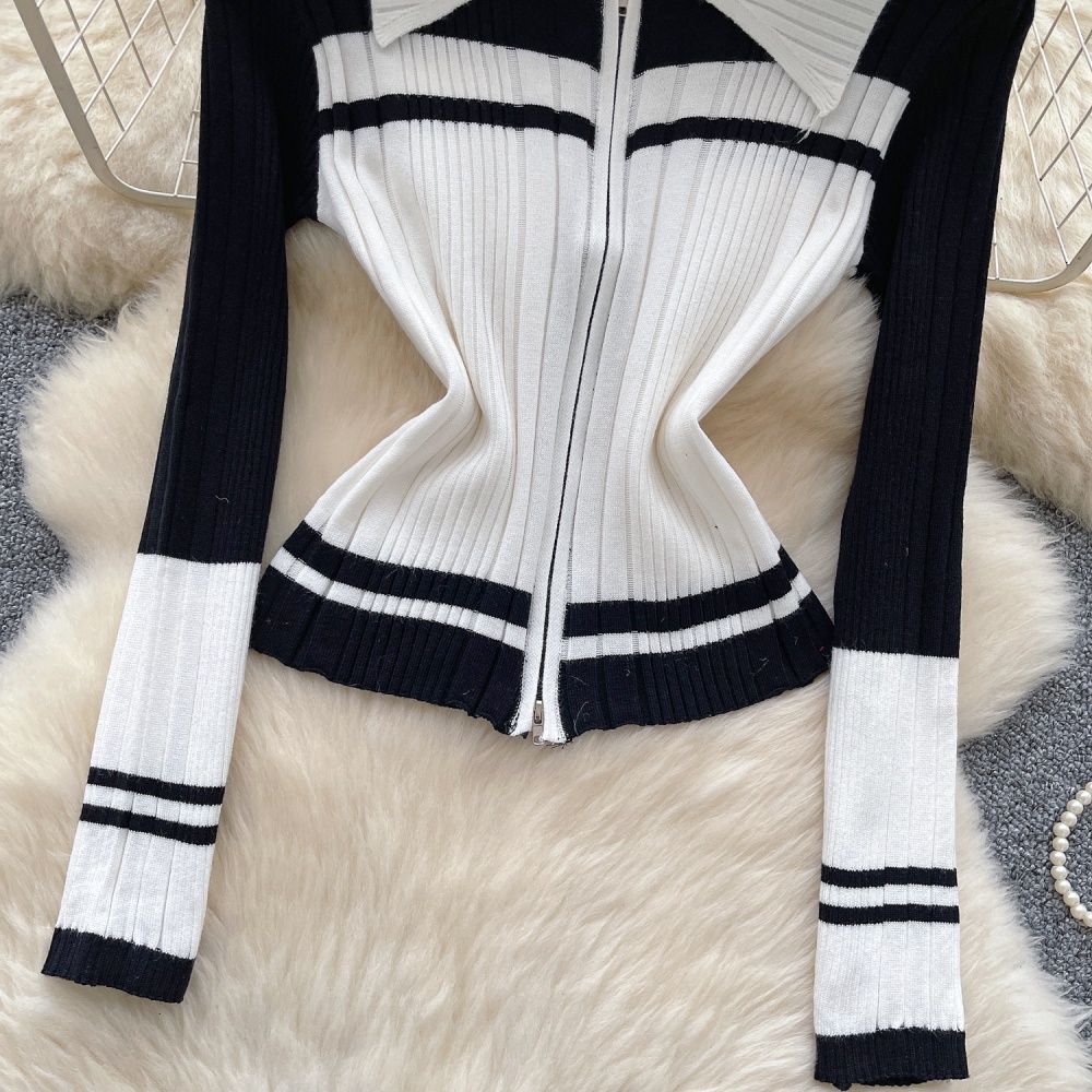 Slim retro lapel sweater Korean style zip stripe bottoming shirt