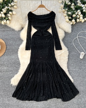 Mermaid sexy glitter slim flat shoulder temperament dress