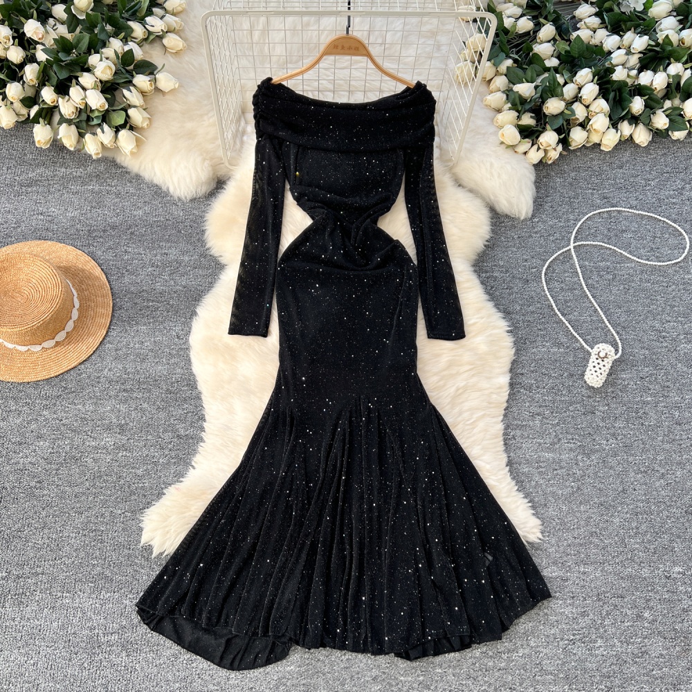 Mermaid sexy glitter slim flat shoulder temperament dress