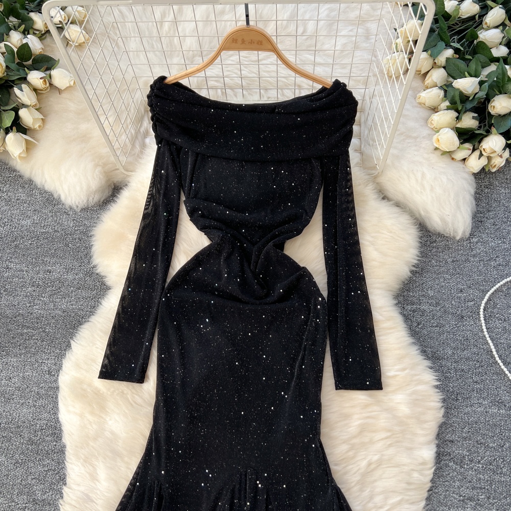 Mermaid sexy glitter slim flat shoulder temperament dress