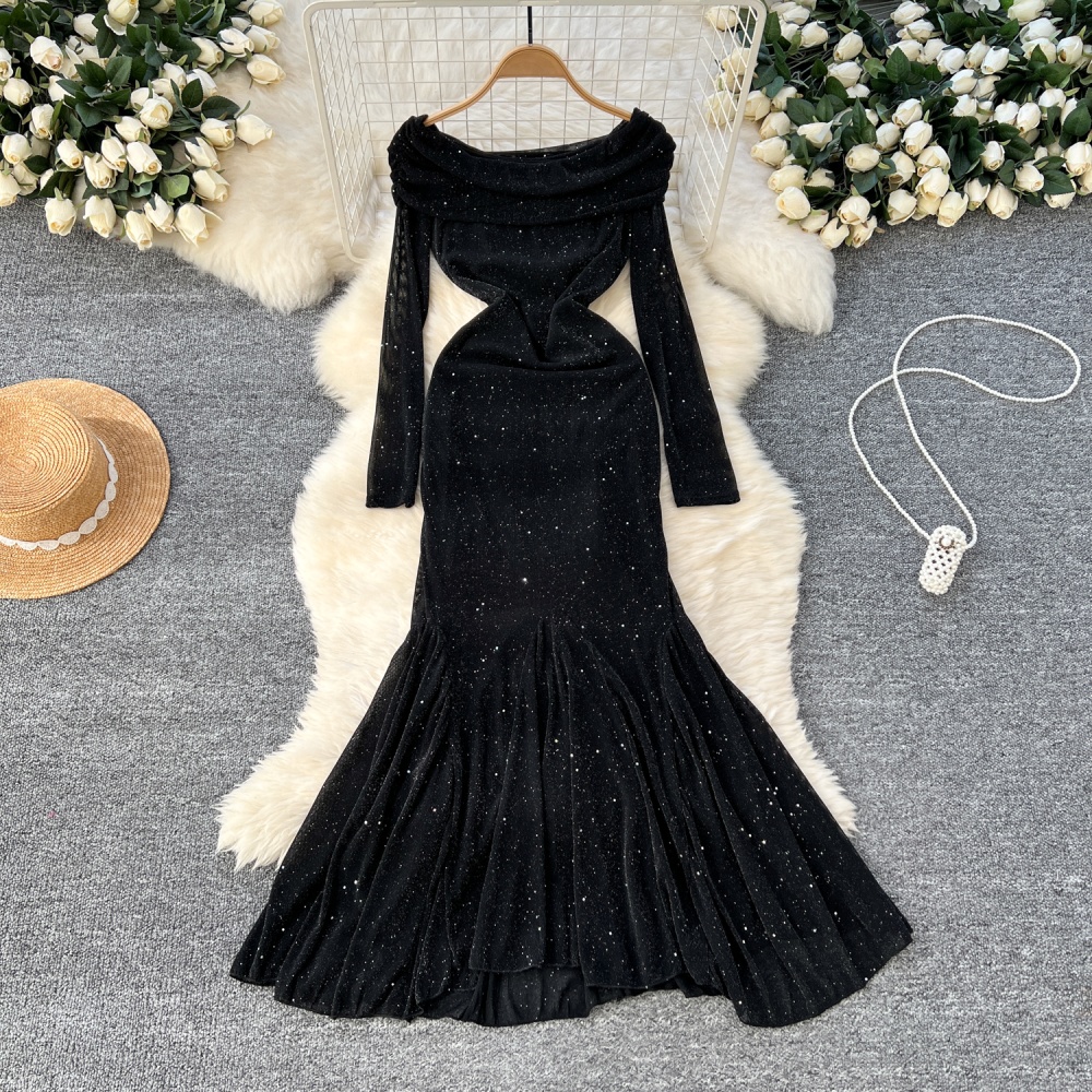 Mermaid sexy glitter slim flat shoulder temperament dress