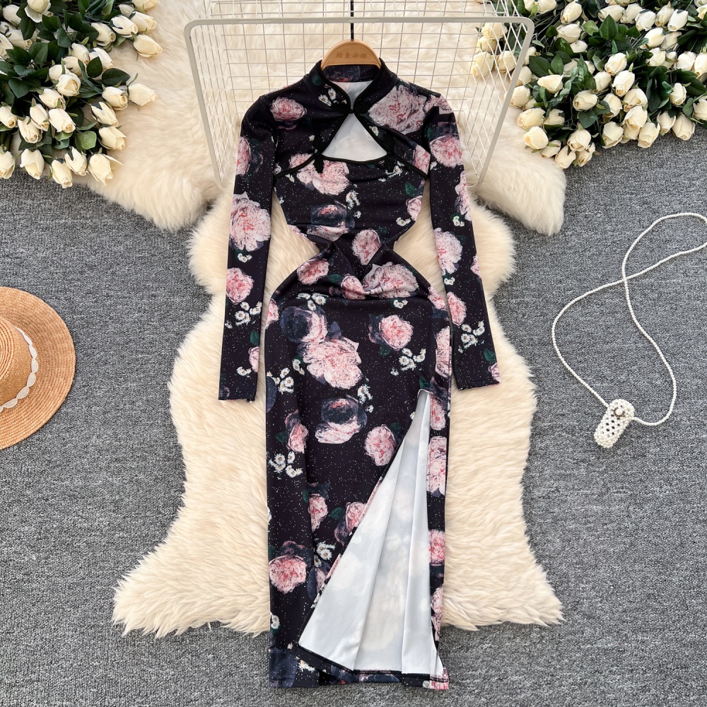 Hollow long sleeve dress ladies cheongsam for women