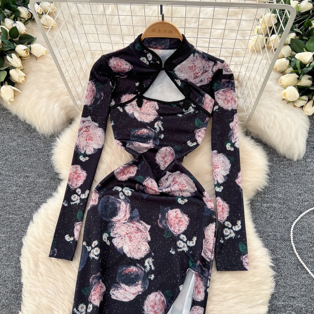 Hollow long sleeve dress ladies cheongsam for women