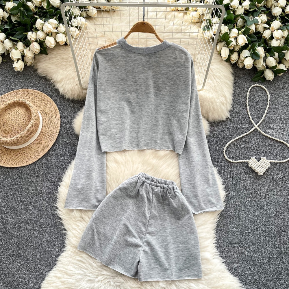 Short Casual shorts wide leg long sleeve tops 2pcs set