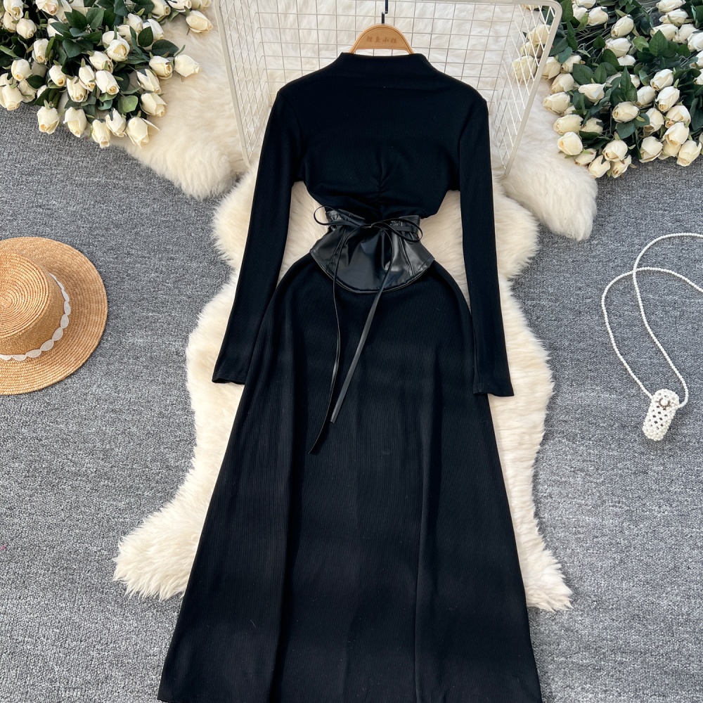 Pinched waist exceed knee dress slim PU long dress for women