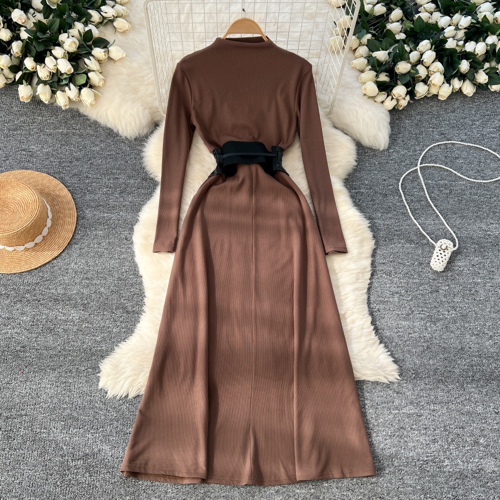 Pinched waist exceed knee dress slim PU long dress for women