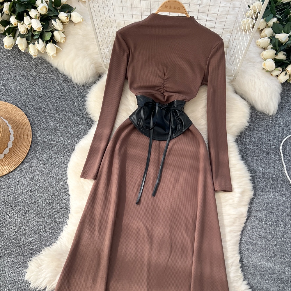 Pinched waist exceed knee dress slim PU long dress for women