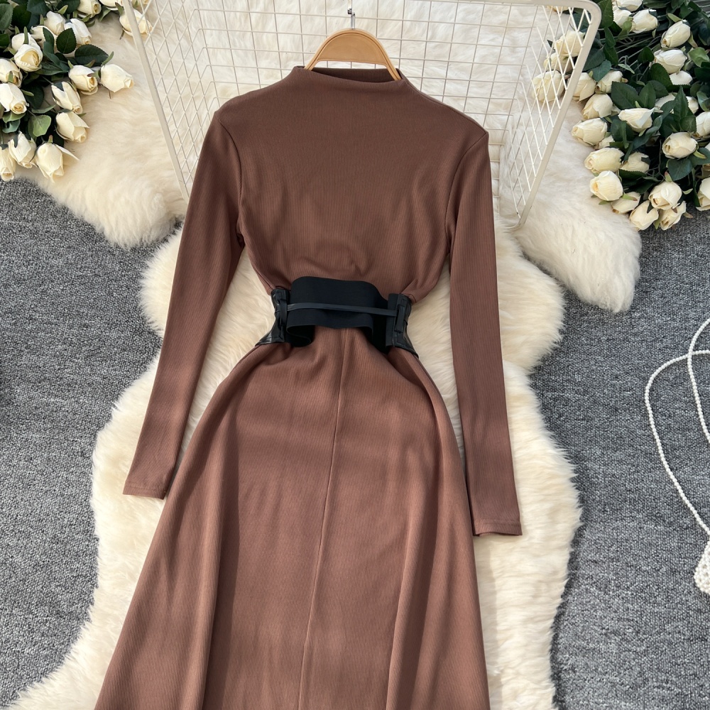 Pinched waist exceed knee dress slim PU long dress for women