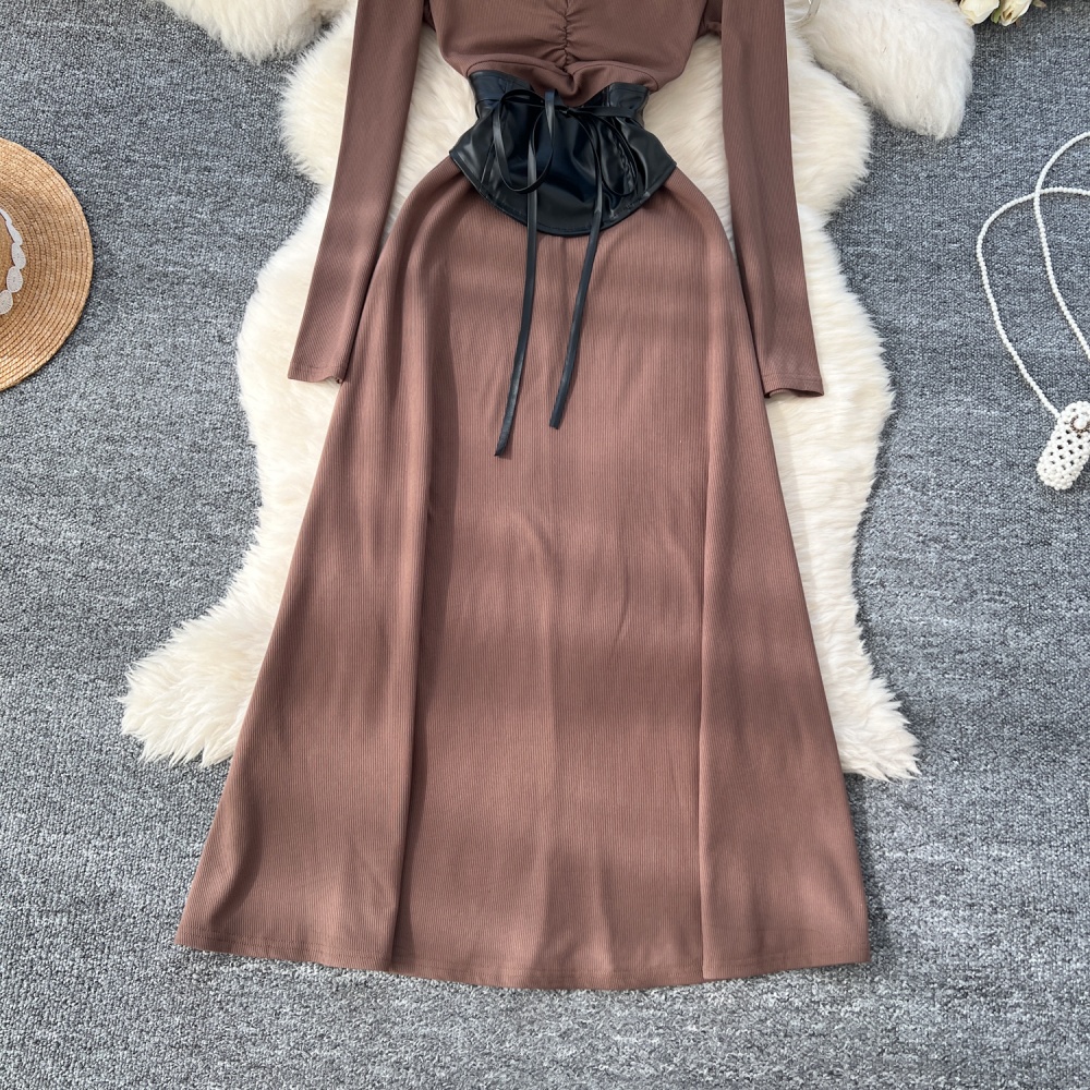 Pinched waist exceed knee dress slim PU long dress for women