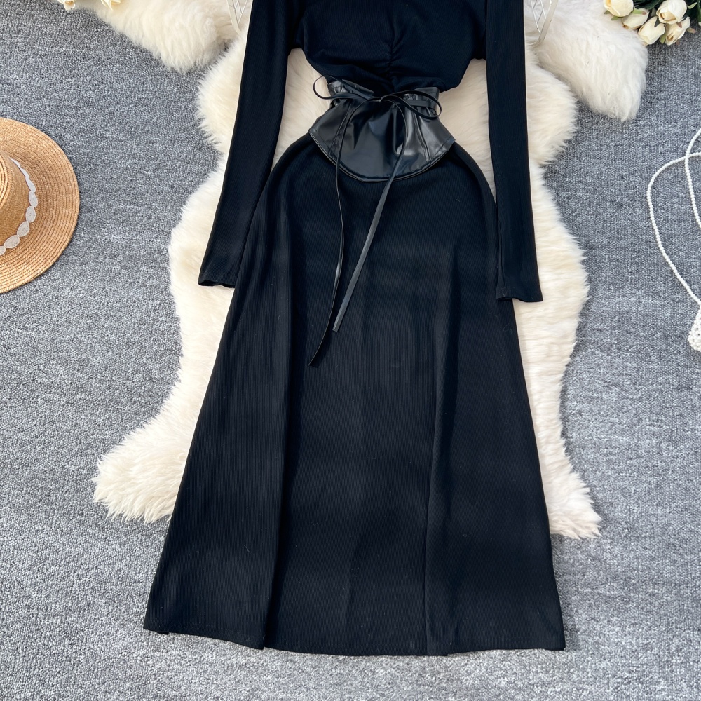 Pinched waist exceed knee dress slim PU long dress for women