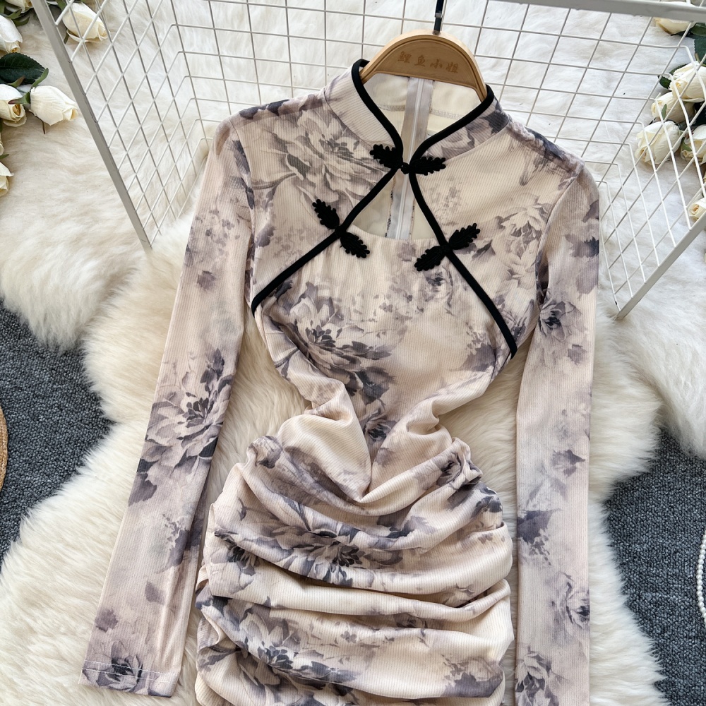 Printing slim T-back autumn dress for women