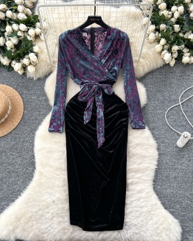 Temperament splice pinched waist long sleeve dress