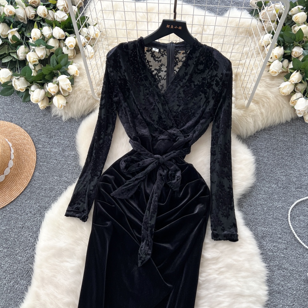 Temperament splice pinched waist long sleeve dress