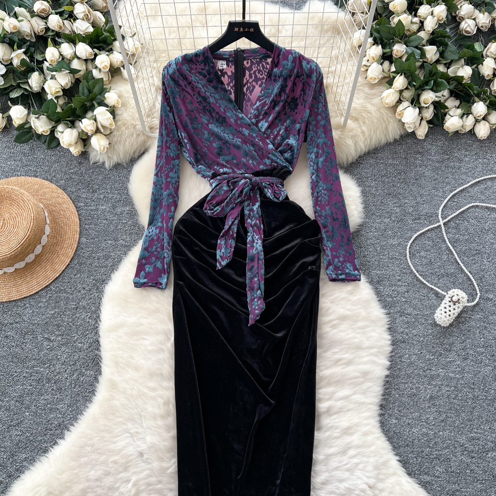 Temperament splice pinched waist long sleeve dress