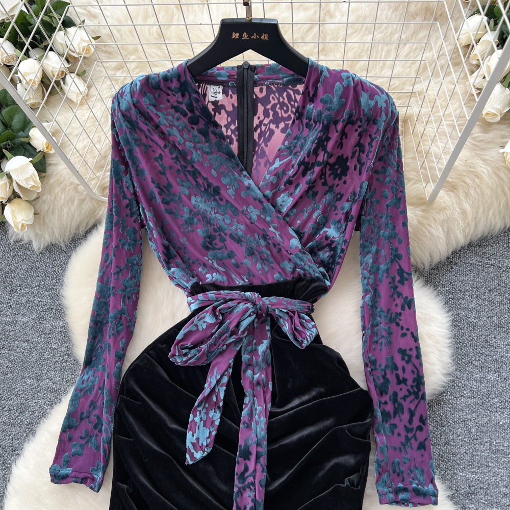 Temperament splice pinched waist long sleeve dress