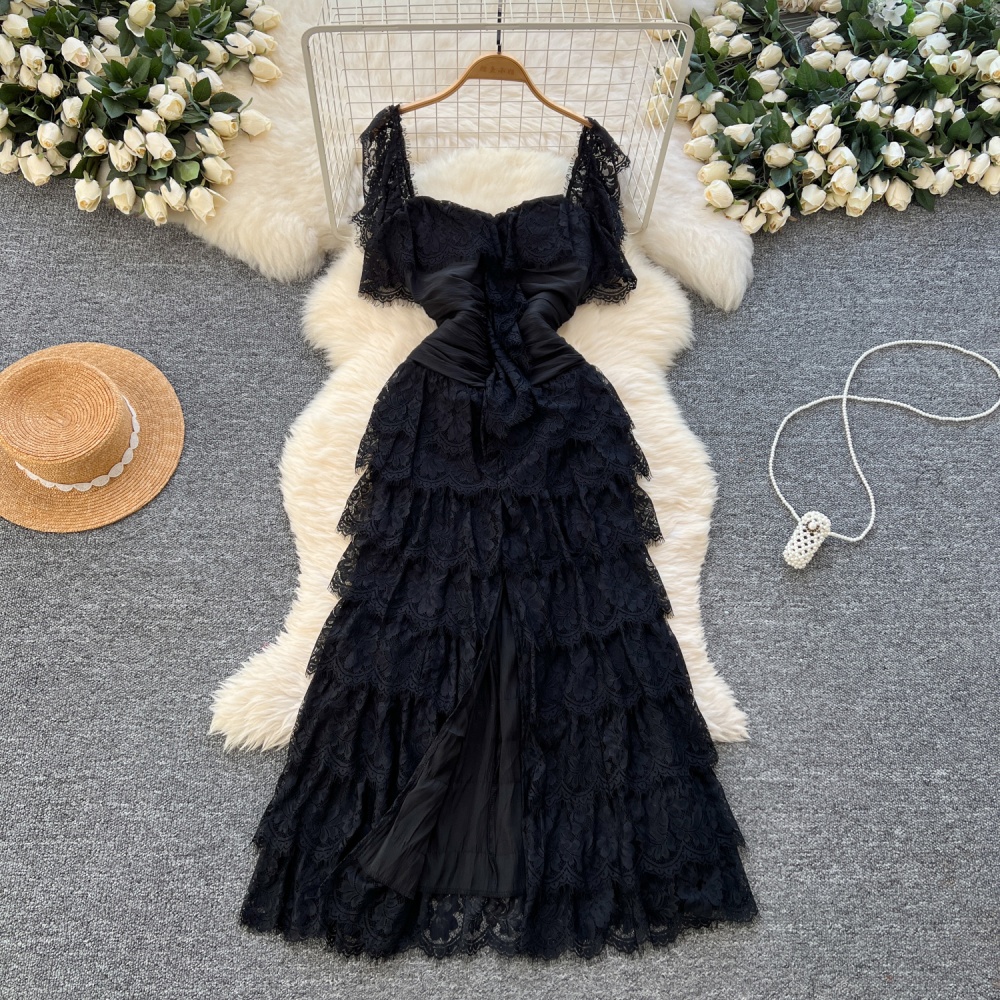 Boats sleeve lace long dress square collar dress for women