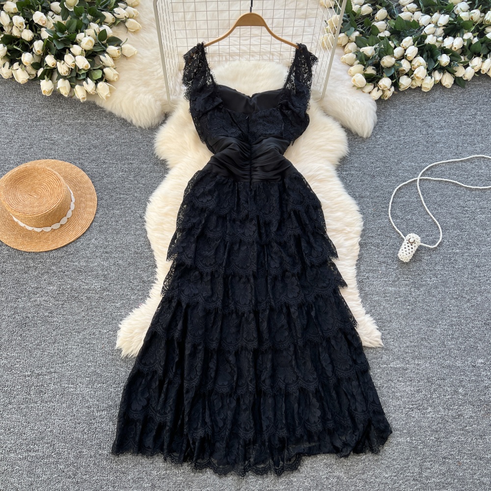 Boats sleeve lace long dress square collar dress for women