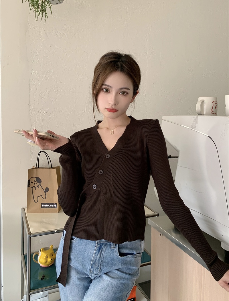 All-match pure V-neck irregular Korean style knitted tops