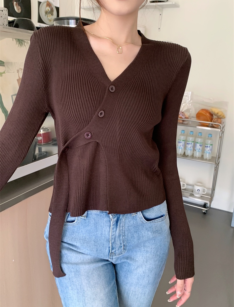 All-match pure V-neck irregular Korean style knitted tops