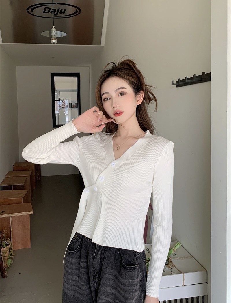 All-match pure V-neck irregular Korean style knitted tops