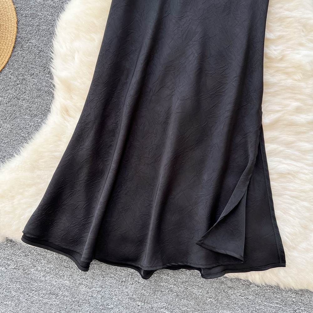 Split high waist satin skirt drape jacquard slim long dress