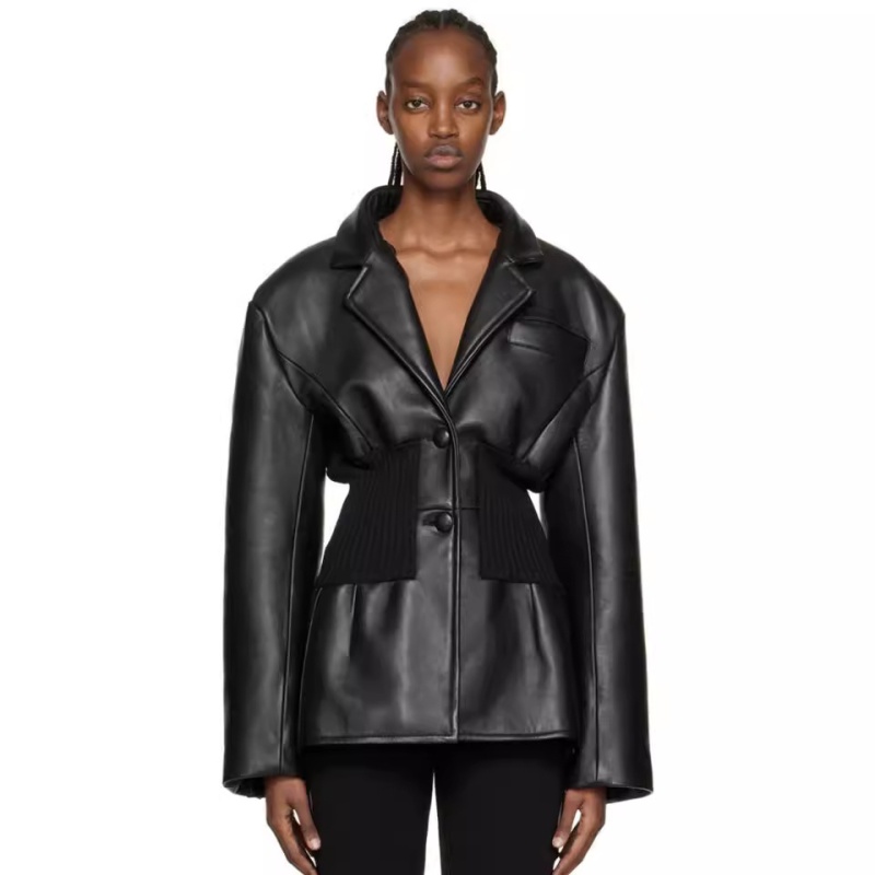 Catwalk pinched waist business suit leather coat