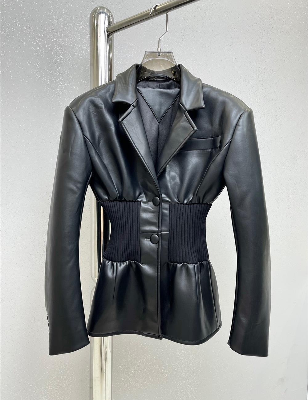 Catwalk pinched waist business suit leather coat