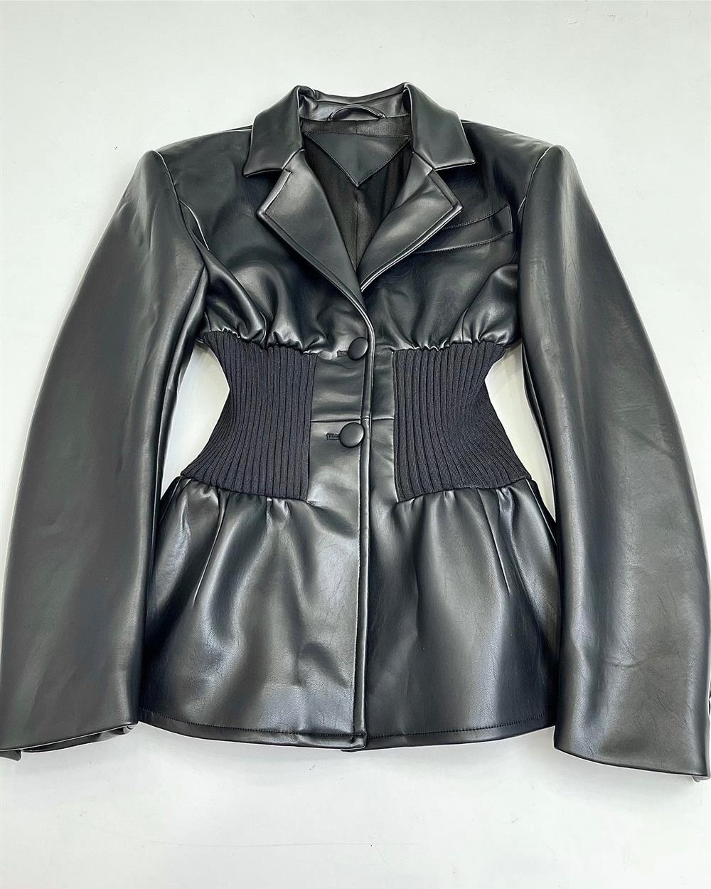 Catwalk pinched waist business suit leather coat