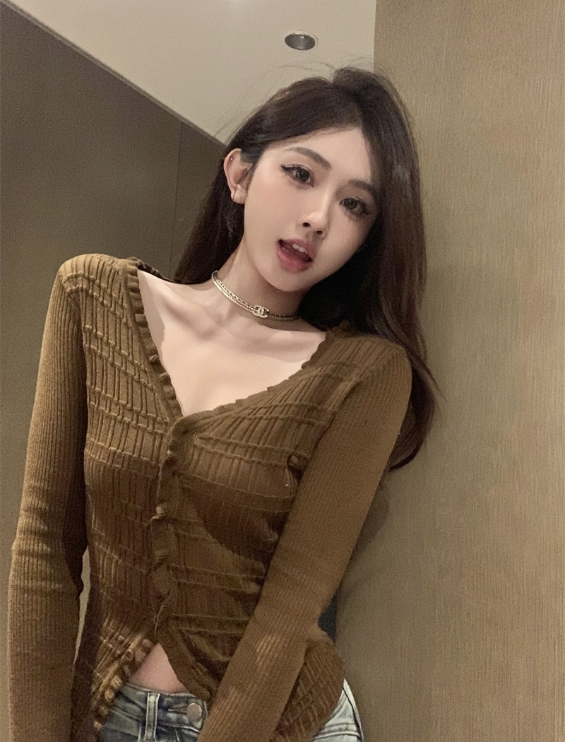 Wood ear autumn tops knitted trumpet sleeves cardigan