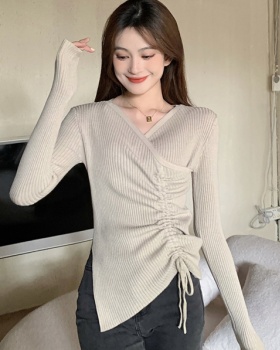 Knitted split V-neck drawstring temperament fold tops