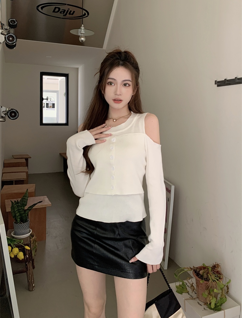 Slim strapless autumn tops niche Pseudo-two sweater