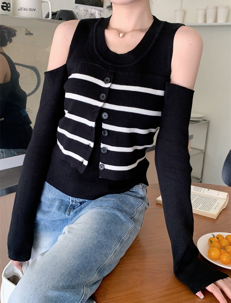 Pseudo-two long sleeve autumn tops niche slim sweater