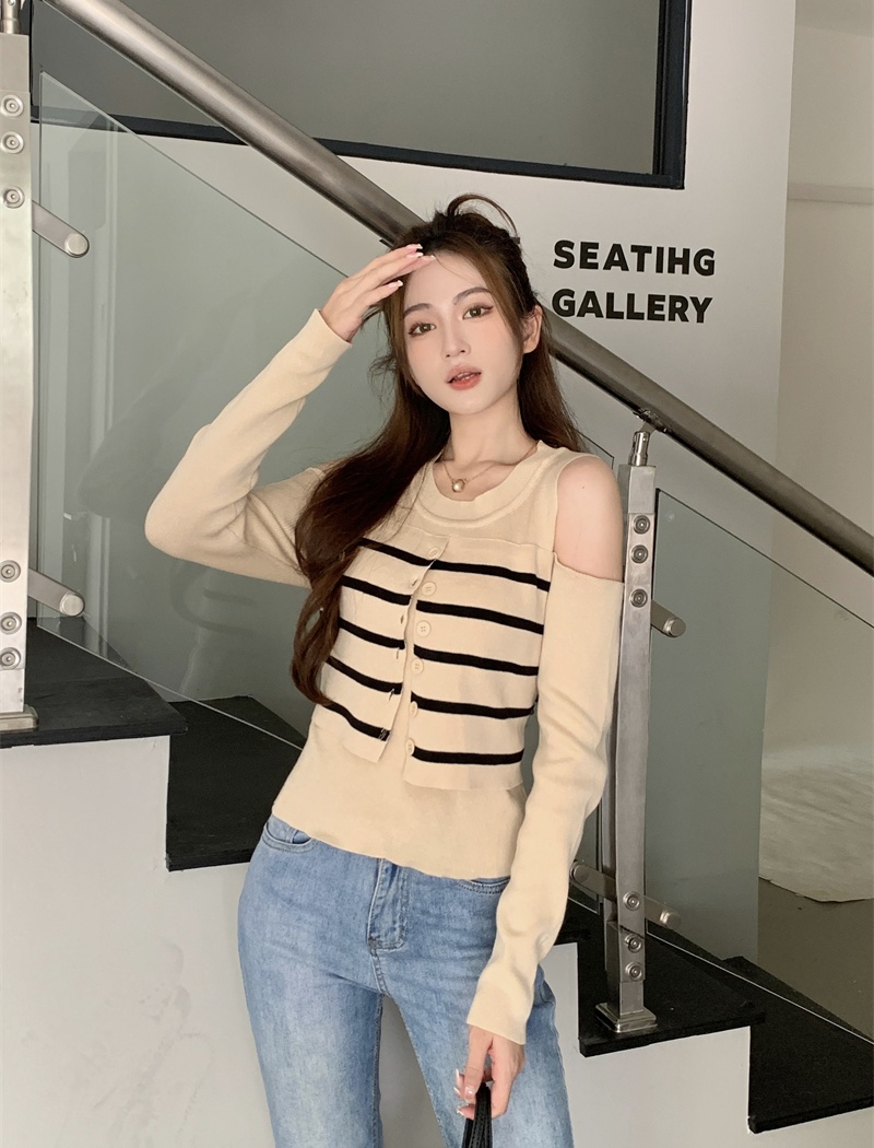 Pseudo-two long sleeve autumn tops niche slim sweater