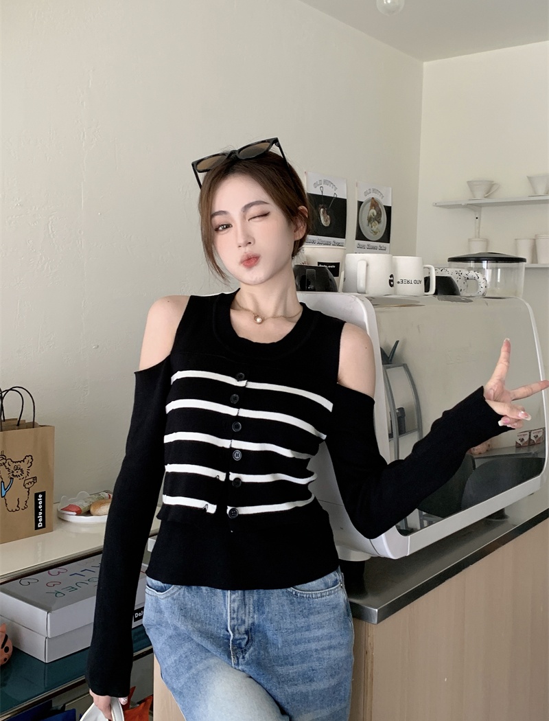 Pseudo-two long sleeve autumn tops niche slim sweater