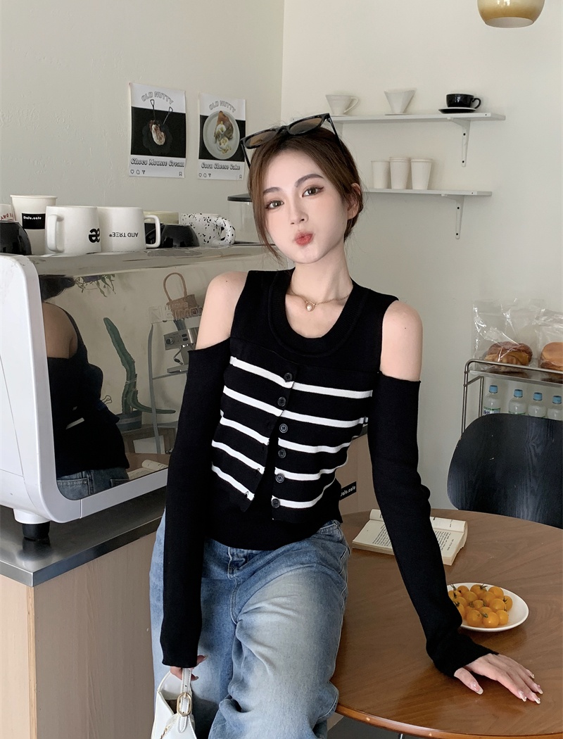 Pseudo-two long sleeve autumn tops niche slim sweater