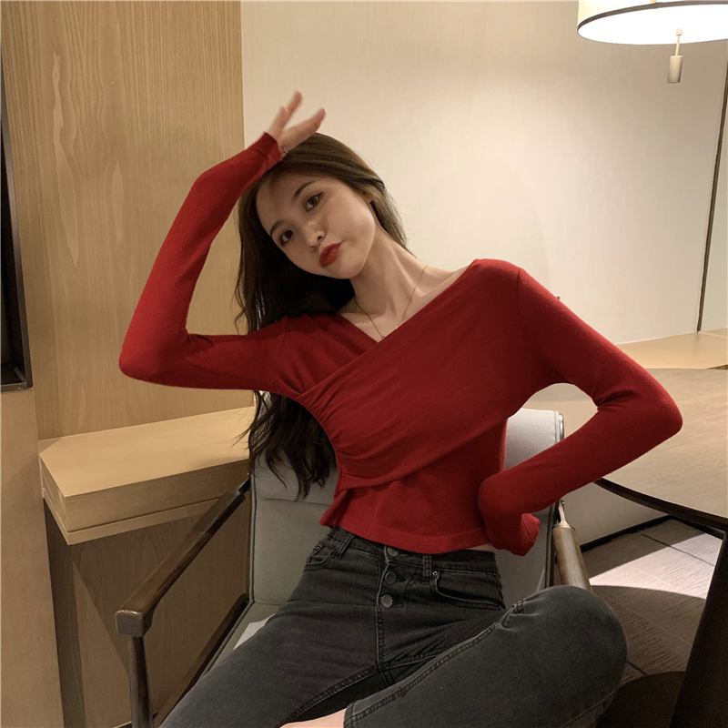 All-match cross long sleeve sweater V-neck slim tops