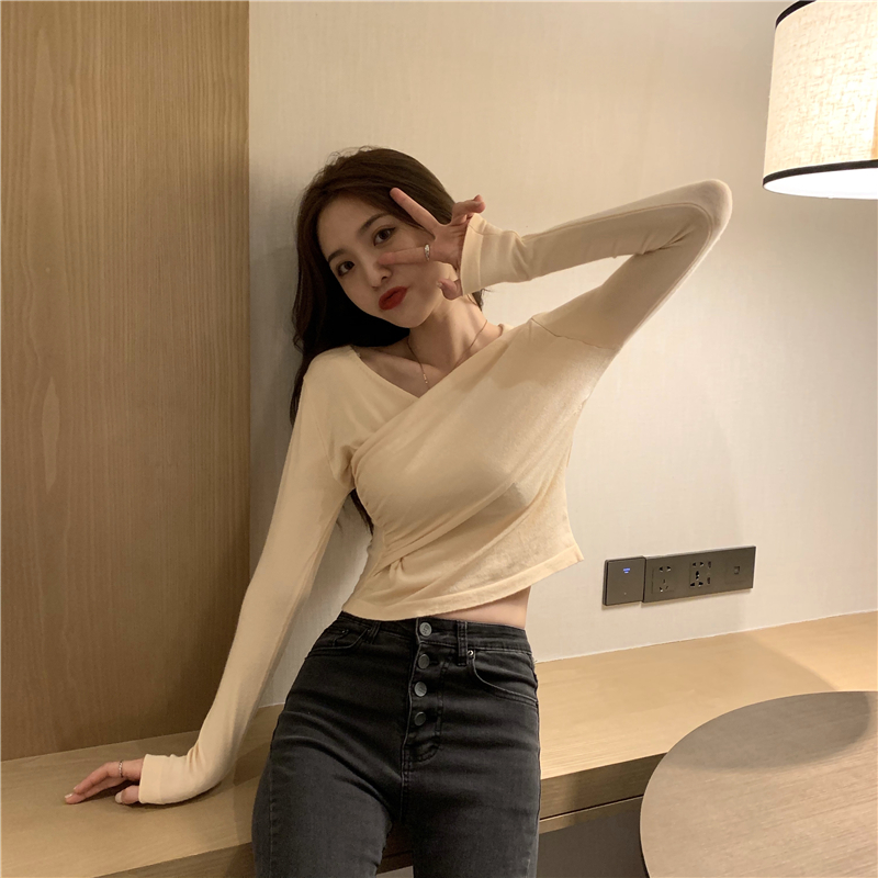 All-match cross long sleeve sweater V-neck slim tops