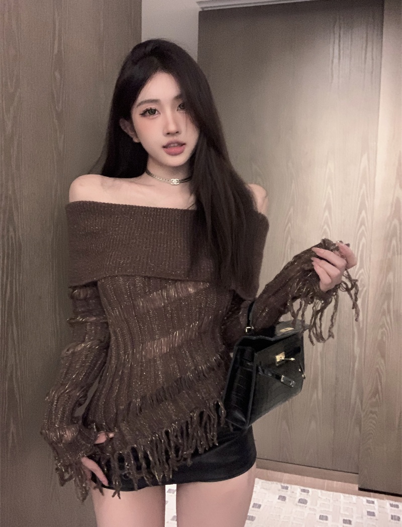 Flat shoulder Korean style sweater tassels tops