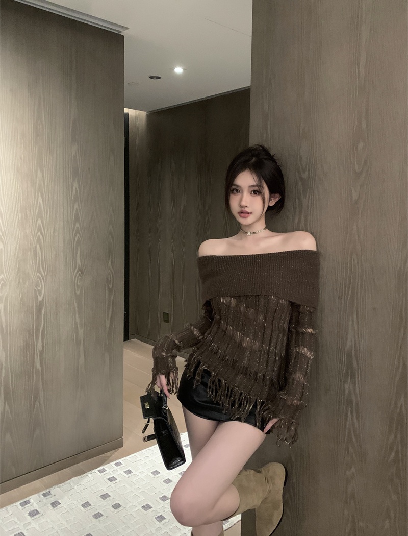 Flat shoulder Korean style sweater tassels tops