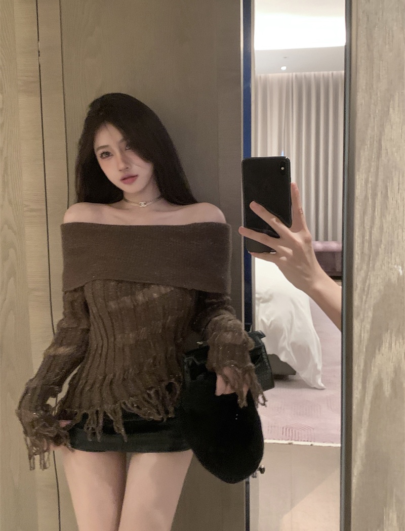 Flat shoulder Korean style sweater tassels tops