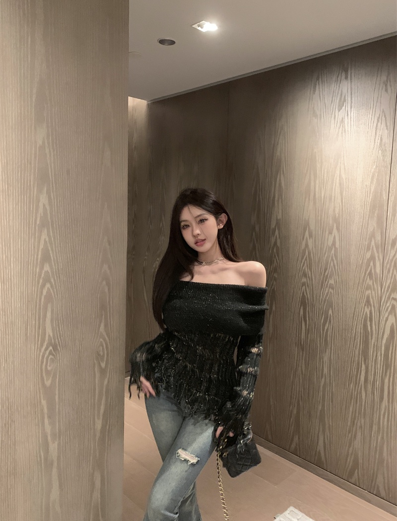 Flat shoulder Korean style sweater tassels tops