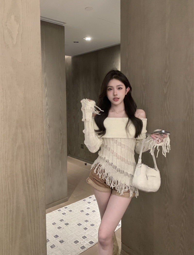 Flat shoulder Korean style sweater tassels tops