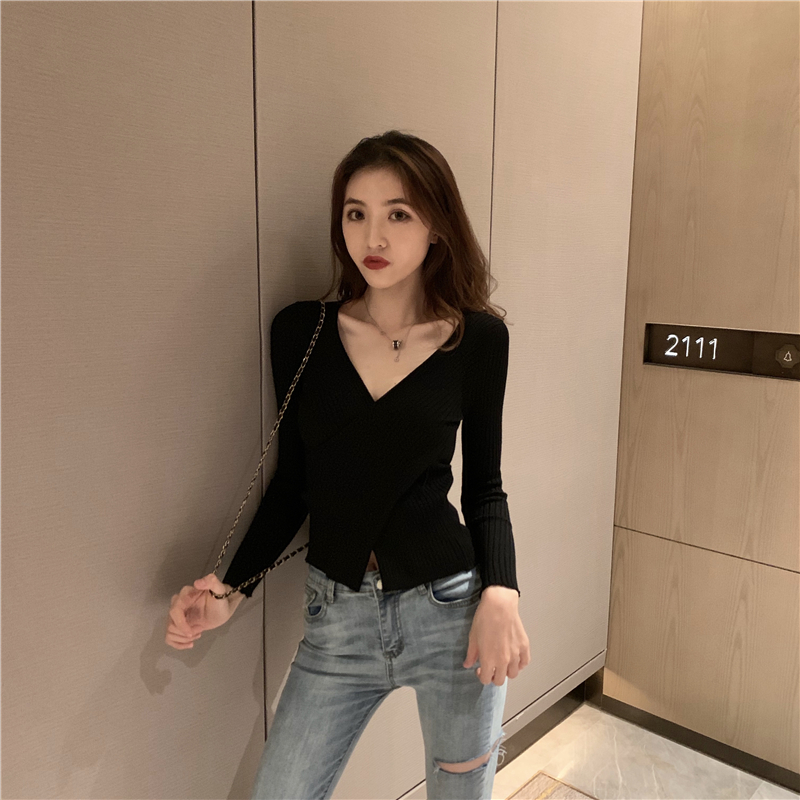 Slim cross autumn and winter sexy V-neck pullover sweater