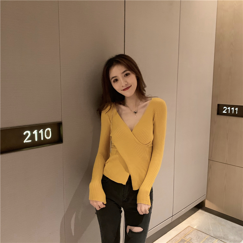 Slim cross autumn and winter sexy V-neck pullover sweater