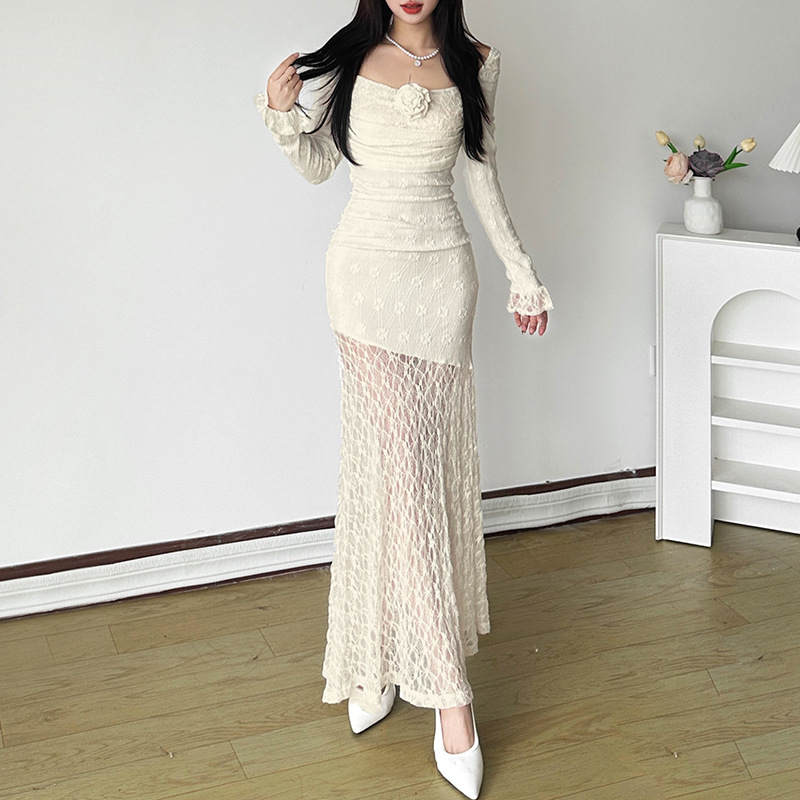 Square collar autumn long sleeve dress for women